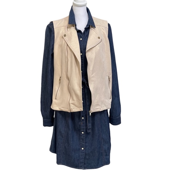 Solitaire Gold Shimmer Moto Vest Women’s Sz M Pockets Metallic Spandex Stretch - Picture 9 of 14